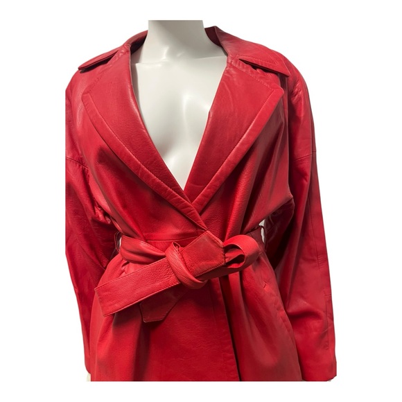 VTG 90s REMY GLAM ROCK Red Soft Leather Midi Belted Trench Coat Womens Medium - Picture 6 of 11